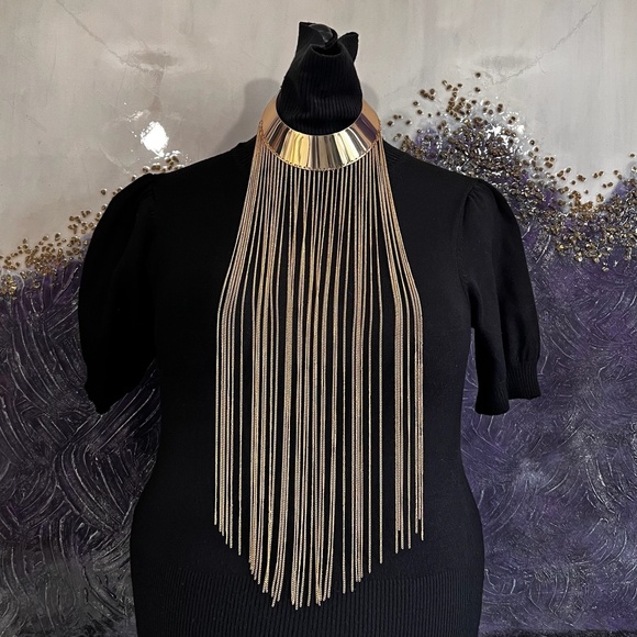 Gold Tone Box Chain Waterfall Fringe Necklace (NWOT) - Picture 2 of 9